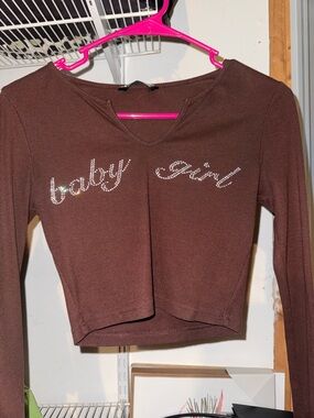 SHEIN Brown Rhinestone "baby girl" Long-Sleeve Crop Top